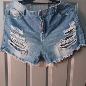 Denim Distressed High-Waist Women's Shorts - Light Blue